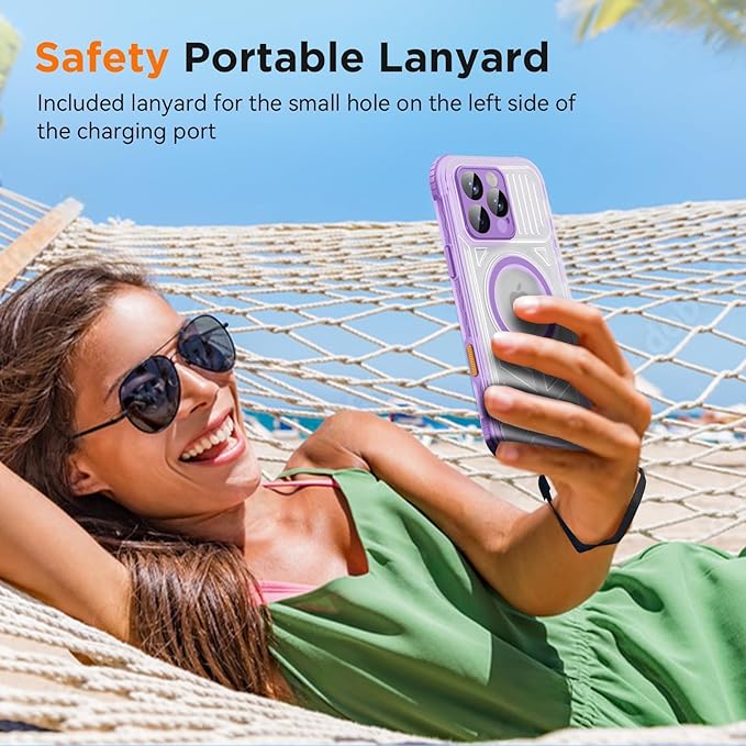 WIFORT for iPhone 16 Pro Waterproof Case, [IP68 Underwater] [Blue Light Filter Lens] [15FT Military Shockproof], Fit for Magsafe Full Body Magnetic Frosted Phone Case with Lanyard, 6.3" Purple