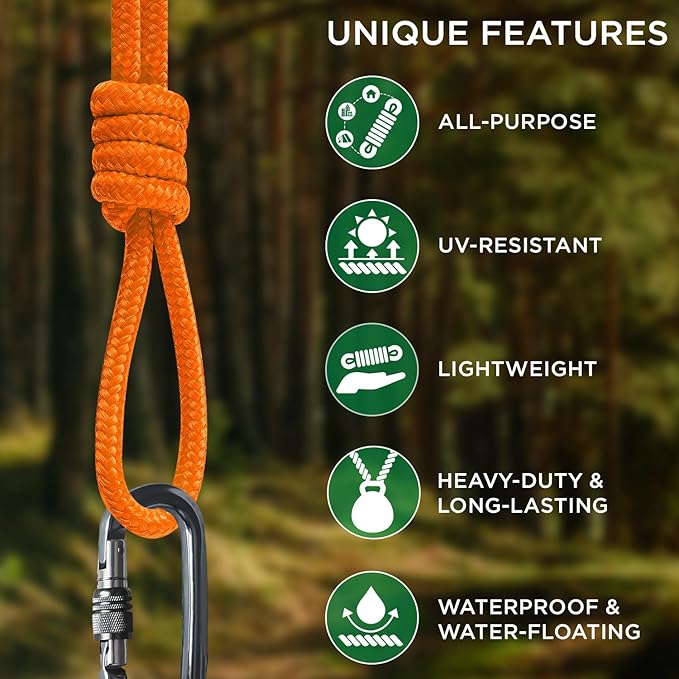 TECEUM Rope – 90 Feet x 1/4 Inch (7mm) – Orange Yellow – Strong All-Purpose Utility Rope – Camping, Crafting, Flag Pole, Indoor & Outdoor – Polypropylene Nylon Poly Lightweight Diamond Braided Cord