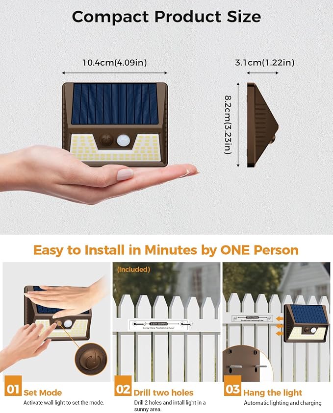 vighep 12 Pack Solar Fence Lights Waterproof, Motion Sensor Deck Lights Outdoor, Cold White LED Outside Lamp Wireless for Wall Yard Steps Stairs Garden - Brown