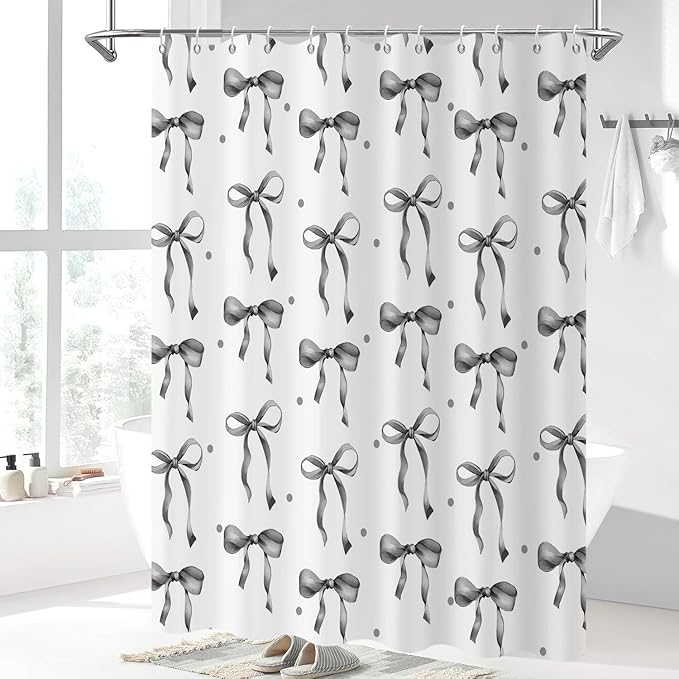 Grey and White Bow Shower Curtain, Grey Modern Aesthetic Bowknot with Polka Dot Cute Girly Bathroom Curtain Waterproof Fabric Machine Washable with Hooks, 72" Wx72 L