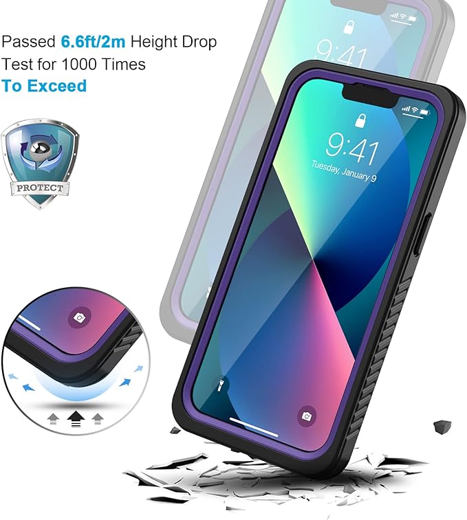 Lanhiem for iPhone 13 Case, IP68 Waterproof Dustproof Shockproof Cases with Built-in Screen Protector, Full Body Sealed Protective Front and Back Cover for iPhone 13, 6.1 inch (Purple)