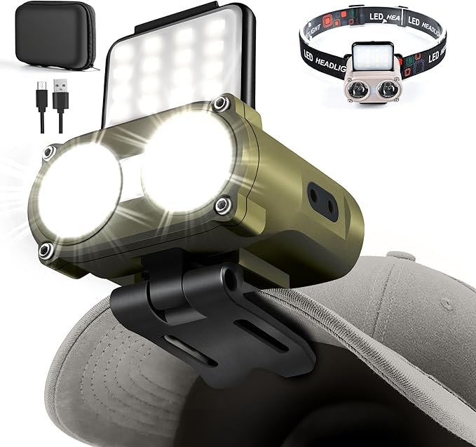Hopedone LED Hard Hat Light, 800Lumens Rechargeable Dimmable Clip on Cap Lights, 180°Adjustable Hat Flashlight Headlamp Waterproof for Running, Camping, Hunting, Cycling (Olive Green)