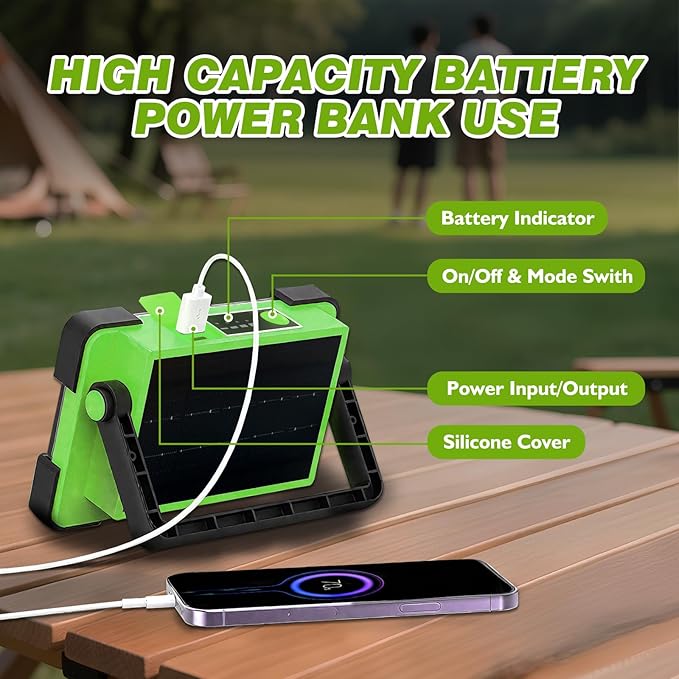 120W Solar Rechargeable Work Light, 144 LED 10000LM Led Work Light with 4 Modes, Portable Flood Light with Stand, IP66 Waterproof Outdoor Working Light for Emergency Mechanic Camping Repair