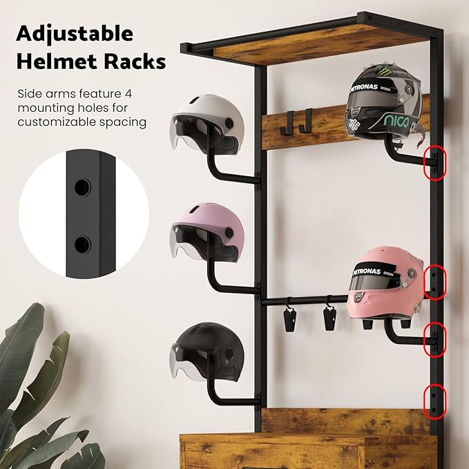 Kikihouse Freestanding Floor Mounted Helmet & Gear Storage Rack, Adjustable Organizer with Glove Clips, Hooks, Drawer & Shoe Shelf for Motorcycle, Cycling, Skiing Equipment