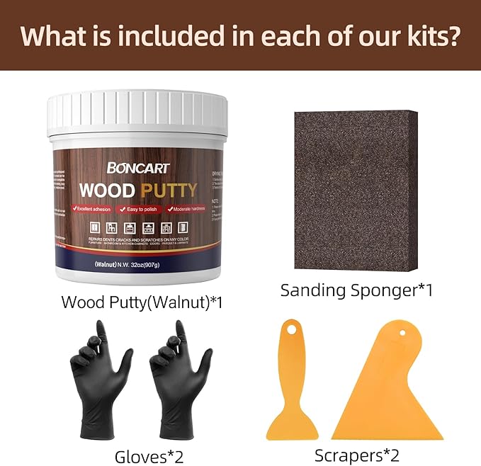 Boncart 32oz Wood Filler Putty - Walnut Paintable Furniture Repair Kit for Quickly Fixing Broken and Defective Wooden Items, MQNZ-09