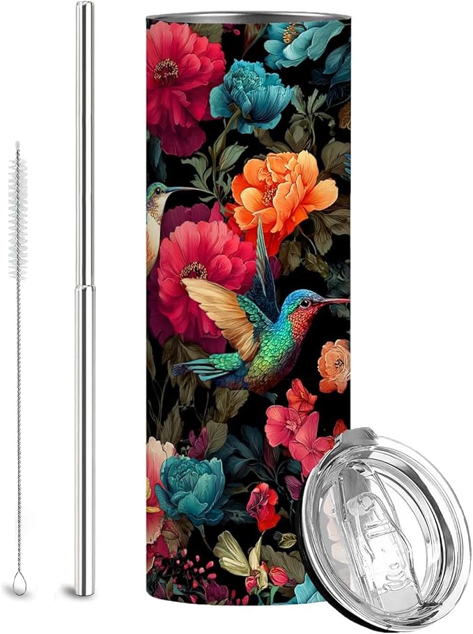 Firmiso 20 oz Tumbler | Skinny Insulated Travel Mug with Leak-proof Lid and Telescopic Straw | Hummingbird & Peony Stainless Steel Coffee Cup for Hot & Cold Drinks | Hummingbird Gifts for Women