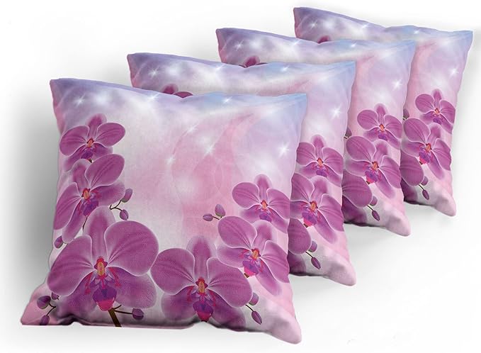 Ambesonne Floral Throw Pillow Cushion Case Pack of 4, Exotic Orchid Flowers Flourishing on Abstract Background Circles Stars, Modern Accent Double-Sided Digital Printing, 24", Pink Purple