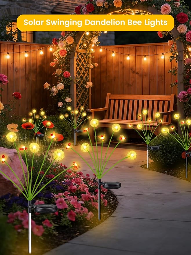 Solar Garden Lights Outdoor ,8 Pack 64 LED, Solar Swaying Dandelion Bee Lights Waterproof, Swaying Firefly Lights for Yard Pathway Lawn Patio Decorations, 2 modes (Steady on, Slow Twinkle), Warm White
