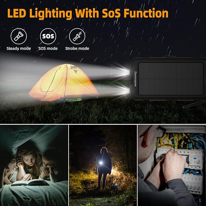 Durecopow Solar Charger Power Bank 20,000mAh, Portable Charger, 4 Cables 3 Ports Fast Charging External Battery Pack with USB C for Cell Phones, Solar Panel Charger with Dual Flashlight for Camping