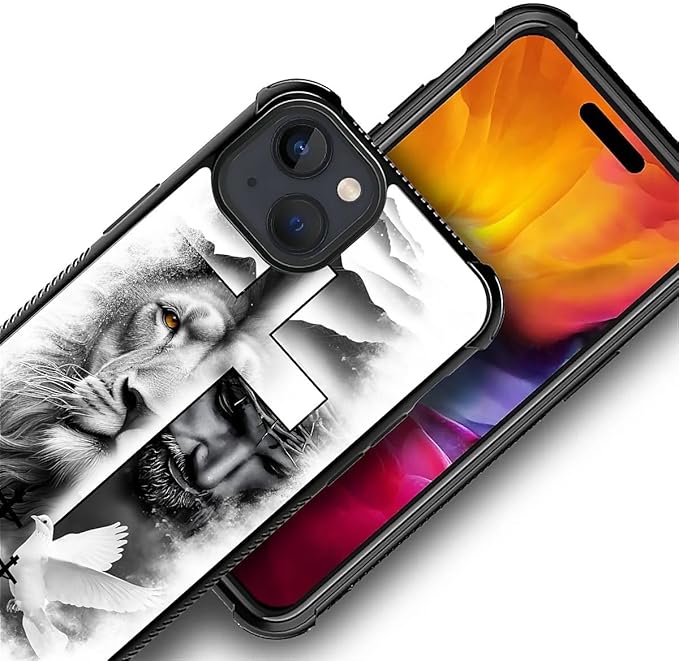 for iPhone 15 Case, Lion Cross Jesus Christ Dove Pattern Graphic Design Girl Boy Soft Silicone Hard Acrylic Shock Protection for iPhone 15