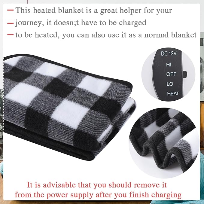 Tuanse 16 x 16 Inches Car Electric Blanket 12 Volt Heated Car Blanket with Temperature Controller and Black Storage Bag Cold Weather Tailgating and Emergency Kit (Black White,Plaid)