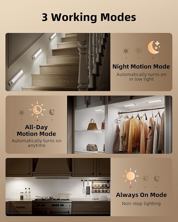EZVALO 3-Pack Under Cabinet Lighting, 2400mAh Rechargeable Motion Sensor Light, 10inch Magnetic Closet Lights with Dimmable & 3 Color Temps, Wireless Motion Activated Lights with Remote for Kitchen