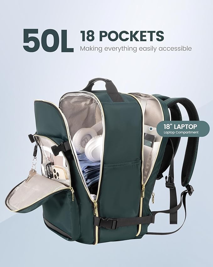 LOVEVOOK Travel Backpack for Women & Men 50L,Airline Approved Carry On Backpack Travel Essentials,TSA Carry on Luggage,Waterproof Personal Item Travel Bag,Suitcase with 3 Packing Cube,Dark green-Black