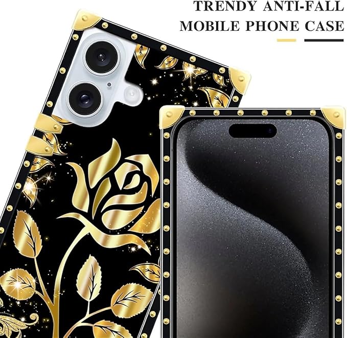 Compatible with iPhone 16 Case, Shine Gold Rose Luxury Golden Decoration for Girl Women Soft TPU Shockproof Protective Hard PC Back for iPhone 16