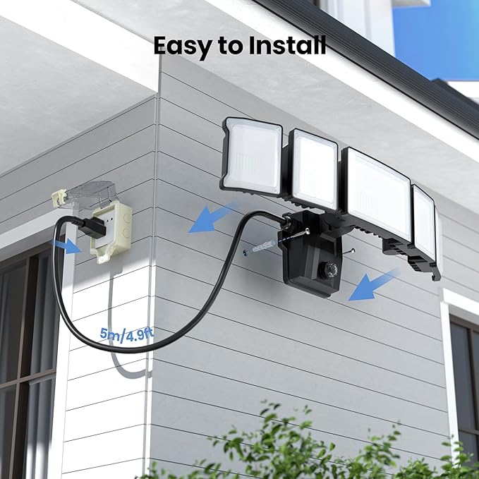 Olafus 120W Plug in Flood Lights Dusk to Dawn LED Outdoor Light with Remote, 5 Adjustable Heads IP65 Waterproof LED Security Light with Photocell for Yard Garden Porch Black