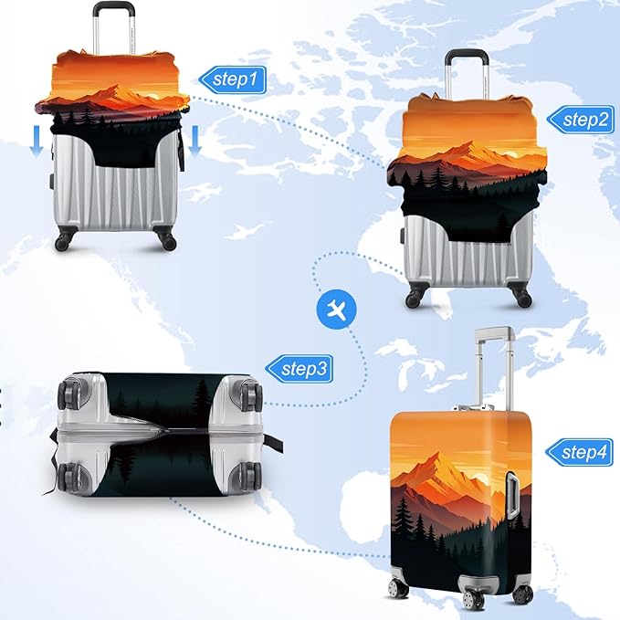 Retro Mountain Landscape Sunset Travel Luggage Cover -Stretchable Airplane Suitcase Protector Sleeve,Universal Washable Fit for 20-37 Inch Checked Baggage,Water Resistant Durable Luggage Protector