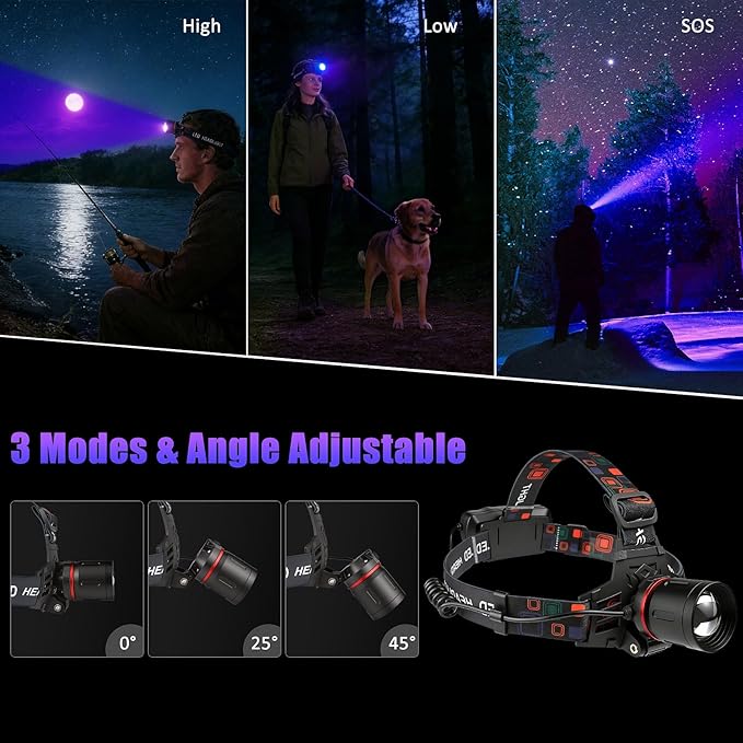 WINDFIRE 395nm UV Headlamp – USB Rechargeable Blacklight Headlight with 3 Modes, Zoomable Focus, Hands-Free Ultraviolet Light Headlamp Design for Pet Stains, Scorpions, Fluorescent Minerals