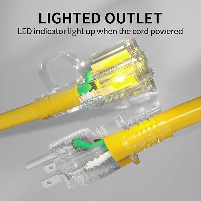 POWGRN 10 ft 12/3 Outdoor Extension Cord Waterproof Heavy Duty with Lighted Indicator End 12 Gauge 3 Prong, Flexible Cold-Resistant Long Power Cord Outside, 15Amp 1875W SJTW Yellow ETL Listed