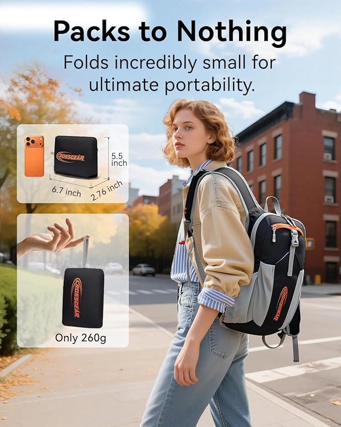 16L Small Hiking Backpack, CROSSGEAR Lightweight Waterproof Foldable Backpack, Travel Camping Outdoor Daypack for Women Men, Black