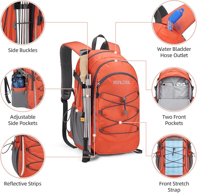 RealCool Hiking Backpack for Men Women,20L Lightweight Waterproof Travel Camping Backpack Hiking Daypack for Cycling Running,Orange