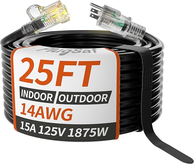 PlugSaf 14/3 Gauge Black Outdoor Extension Cord 25 ft Waterproof with Lighted Indicator, Cold Weatherproof -40°C, Flexible 3 Prong Extension Cord Outside, 15A 1875W 14AWG SJTW, ETL Listed