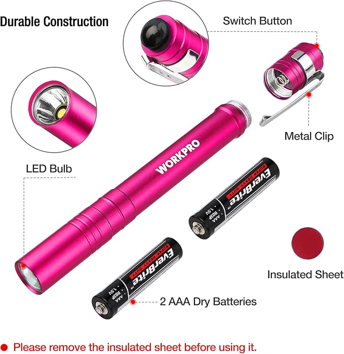 WORKPRO LED Pen Light, Aluminum Pen Flashlights, Pocket Flashlight with Clip for Inspection, Emergency, Everyday, 2AAA Batteries Include, Pink(4-Pack)