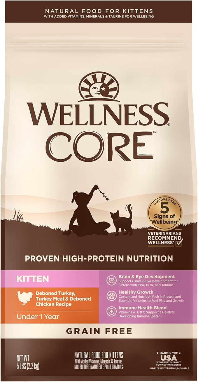 Wellness CORE Kitten Dry Cat Food, Natural, Grain Free Kibble, Turkey Meal and Chicken Recipe, 5 lb Bag