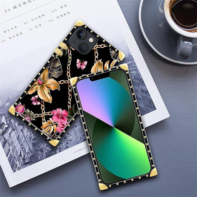Compatible with iPhone 13 Case, Pink Golden Chain Tropical Flower Luxury Golden Decoration for Girl Women Soft TPU Shockproof Protective Hard PC Back for iPhone 13