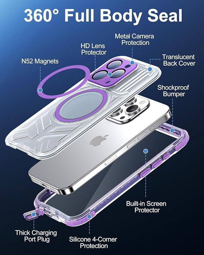 for iPhone 15 Pro Max Waterproof Case with Magsafe, Built-in [Camera & Screen Protector] [Lanyard], IP68 Water Proof Full Body Dustproof Heavy Duty Frosted Protective Phone Cover, 6.7" Purple