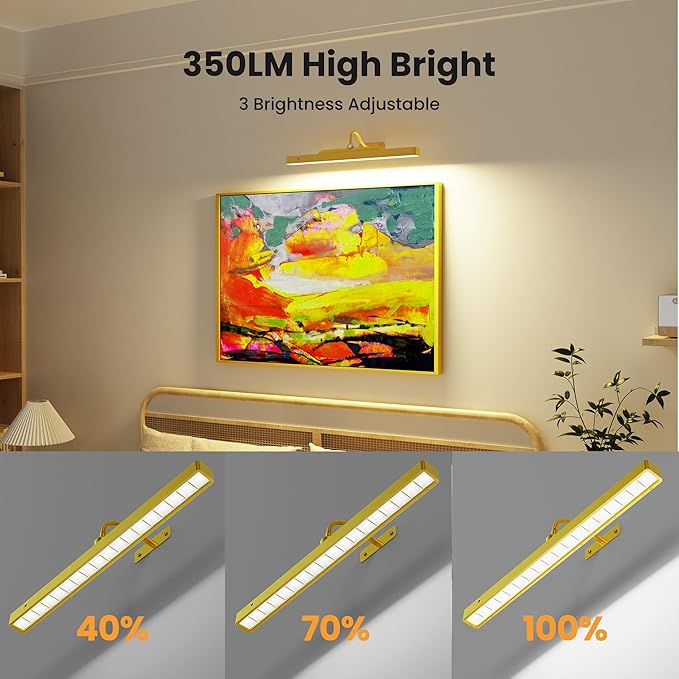 Picture Light 3Pack- 16in Picture Lights for Wall, 5000mAh Wireless Rechargeable Battery Picture Lights, Wall Light, Art Display Light for Gallery Artwork, Paintings, Portraits, Dartboards- Gold