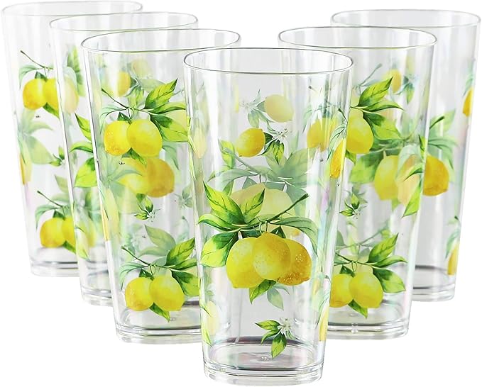 Reston Lloyd Calypso Basics Fresh Lemons 19 oz Acrylic Drinkware Set of 6 – BPA-Free, Indoor/Outdoor, Dishwasher Safe, Lemons with Bees
