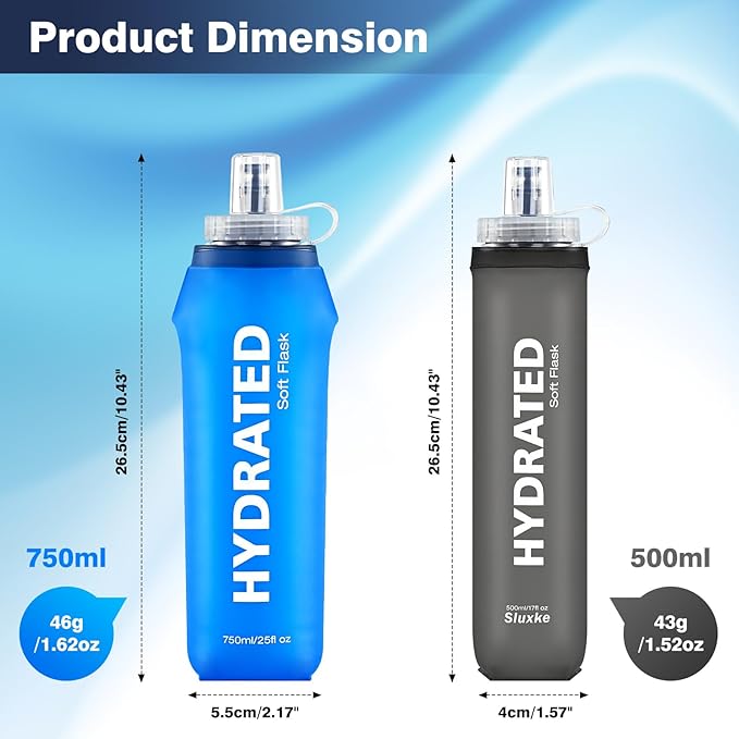 SLUXKE Soft Flask 2 Pack with Dust Cap, 17oz/500ml Flexible TPU Soft Water Flasks for Running Vest, BPA-Free Hydration Foldable Flask for Hiking, Cycling