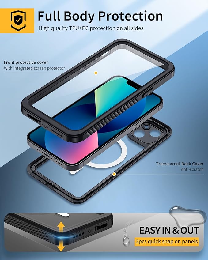 Lanhiem for iPhone 13 Magnetic Case, Waterproof Dustproof Shockproof Case with Built-in Screen Protector Compatible with Magsafe, Full Body Protective Cover for iPhone 13 6.1 inch -Black