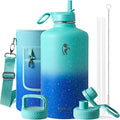 Coolflask 128 oz Gallon Water Bottle Insulated with Straw&3 Lids, Water Jug Large Stainless Steel Metal Vacuum Wide Mouth for Sports, Gym or Office, Non-BPA Keep Cold 48H Hot 24H, Glacier Blue