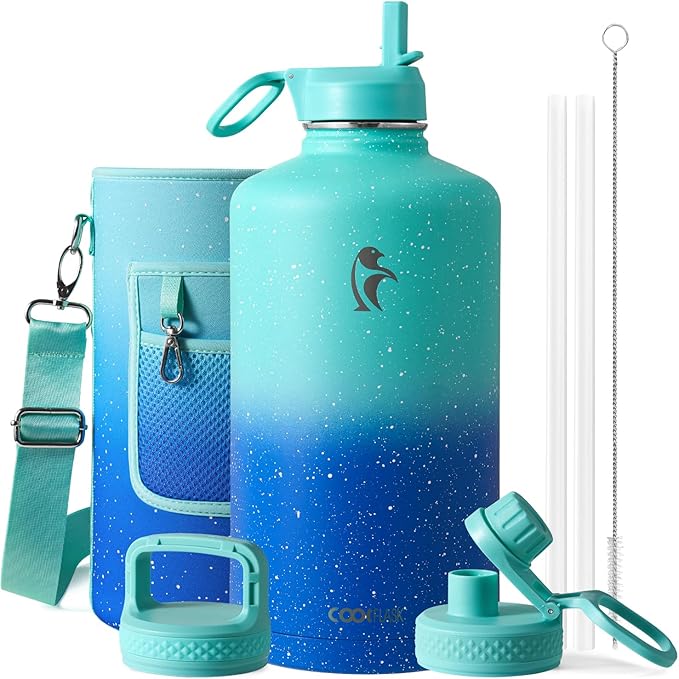 Coolflask 128 oz Gallon Water Bottle Insulated with Straw&3 Lids, Water Jug Large Stainless Steel Metal Vacuum Wide Mouth for Sports, Gym or Office, Non-BPA Keep Cold 48H Hot 24H, Glacier Blue