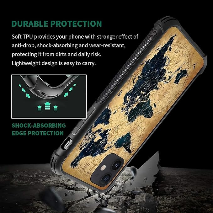 for iPhone 11 Case, Brown World Map Pattern Graphic Design Girl Boy Soft Silicone Hard Acrylic Shock Protection for iPhone 11