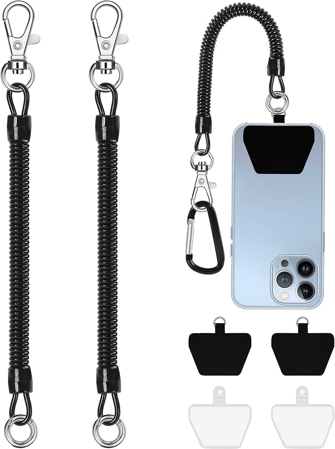 takyu Phone Tether, 2PCS Phone Leash Anti-theft Phone Strap with 4*Patch and 1*Carabiner for Outdoor Hiking Climbing Fit for iPhone Samsung Most Smartphones (Black+Black)