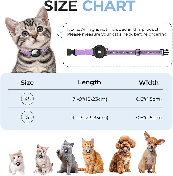 Breakaway AirTag Cat Collar, Reflective Cat Tracker Collar with Air Tag Holder and Bell, Safety Elastic Band Cat GPS Collars for Girl Boy Cats, Kittens and Puppies (Lilac, 8-13'')