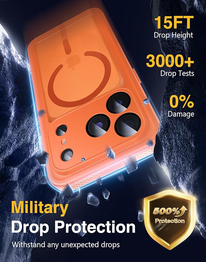 Lanhiem Magnetic for iPhone 17 Pro Case Waterproof, Built in Screen Protector & Camera Protection, [Compatible with MagSafe] Full Body Dustproof Heavy Duty Rugged Phone Case 6.3'' (Orange)