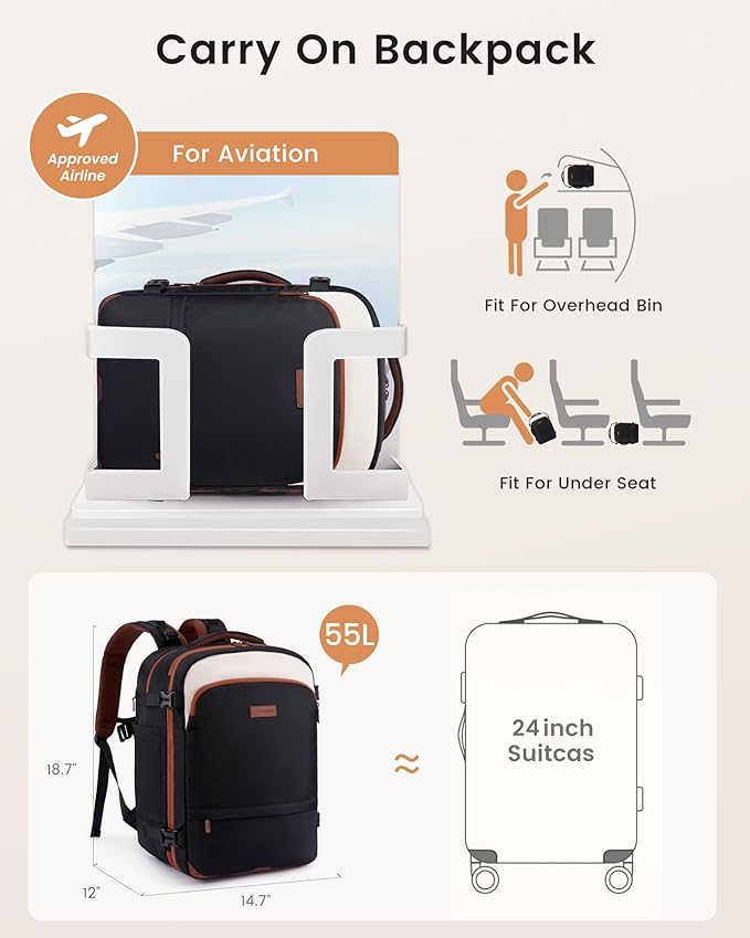 LOVEVOOK Carry On Backpack for Women & Men, Travel Backpack Carry On Flight Approved, 55L Personal Item Travel Bag, Business Weekender Overnight with Cup Holder & 2 Cubes, 18 Inch Black-beige-brown