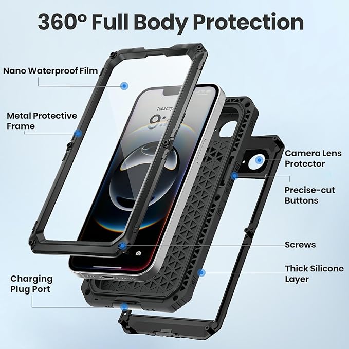 Mitywah Waterproof Case for iPhone 16e and for iPhone 17e, Shockproof Heavy Duty Case with Built-in Screen Protector, Underwater Full Body Protective Metal Case 6.1 inch, Black