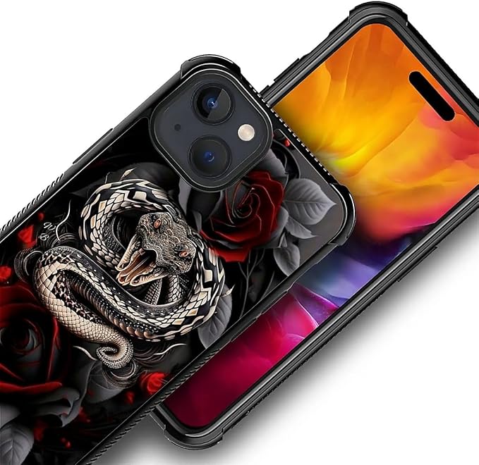 for iPhone 15 Plus Case, Entwined Rose Snake Pattern Graphic Design Girl Boy Soft Silicone Hard Acrylic Shock Protection for iPhone 15 Plus