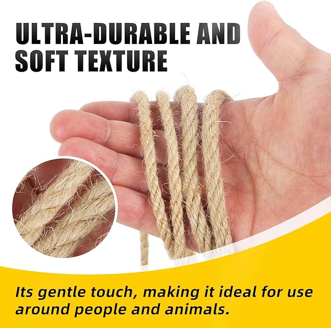 Natural Jute Twine, 8MM x 100FT Jute Rope Roll, Heavy Duty Thick Twine for Cat Scratching Post, Bundling, Gardening and DIY Crafts