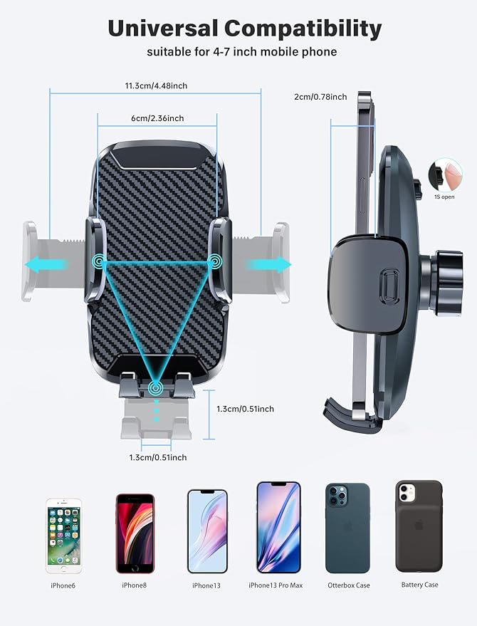 Phone Holder Mount for Car [Strong Suction] Hands-Free Universal Cell Phone Mounts for Dashboard/Windshield, 360° Rotation Extendable Mobile Car Holder for Smartphones