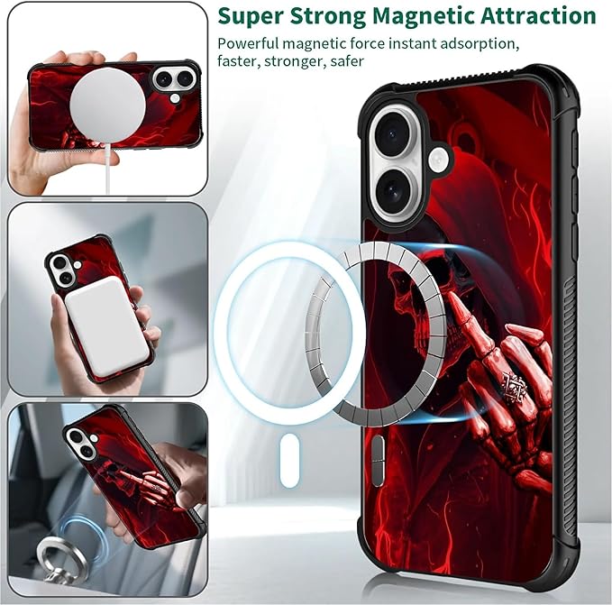 for iPhone 17 Case,for MagSafe Graphic Design for Girl Boy Soft Silicone Hard Acrylic Shock Protection Designed for iPhone 17 Gestures Funny Skull Pattern