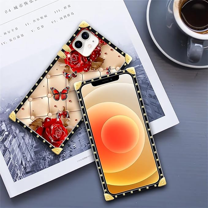 Compatible with iPhone 11 Case, Shining Red Rose Butterfly Leather Background Luxury Golden Decoration for Girl Women Soft TPU Shockproof Protective Hard PC Back for iPhone 11