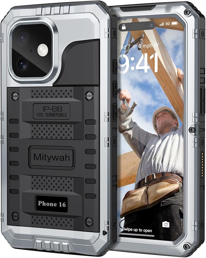Mitywah Waterproof Case for iPhone 16, Shockproof Heavy Duty Case with Built-in Screen Protector, Underwater Full Body Protective Metal Case 6.1 inch, Silver
