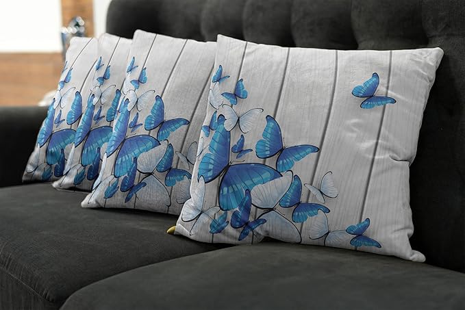 Ambesonne Butterflies Throw Pillow Cushion Case Pack of 4, Blue and White Butterflies on Wooden Background Timber Wall Rustic Life, Modern Accent Double-Sided Digital Printing, 18", Grey White