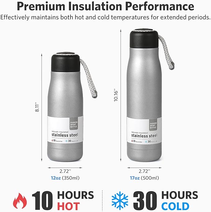 Small Water Bottle 12 oz, Dusgut Insulated Water Bottle,Stainless Steel,Wide Mouth Portable Lid,Silver
