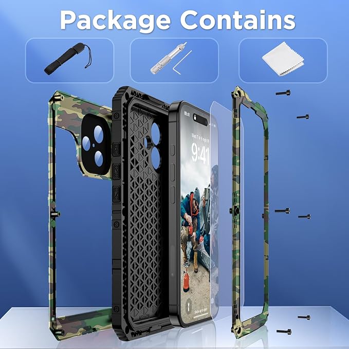 Mitywah Waterproof Case for iPhone 16, Shockproof Heavy Duty Case with Built-in Screen Protector, Underwater Full Body Protective Metal Case 6.1 inch, Camouflage
